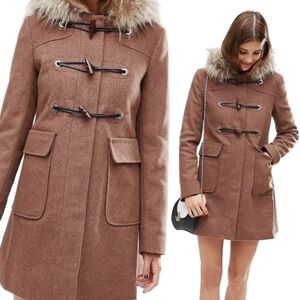 Asos Wool Blend Peacoat With Toggle Front & Faux Fur Trim